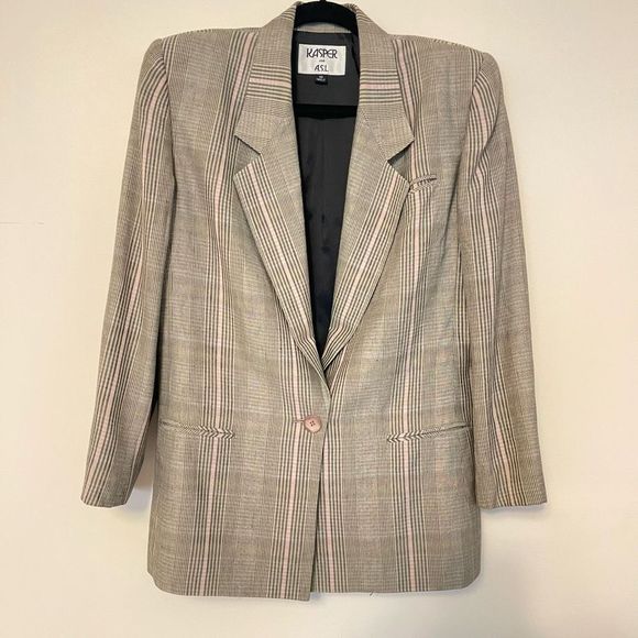 Kasper Plaid Tan Pink Viscose Linen Pockets Lining One Button Sz 10 - Picture 1 of 10